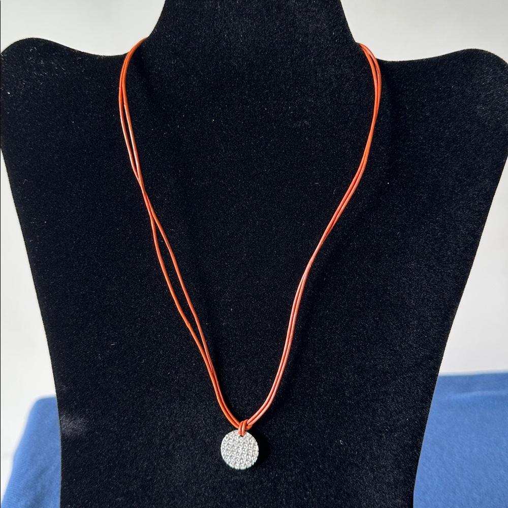 Lia Sophia Orange Leather Necklace with Silver Rhinestone Pendant